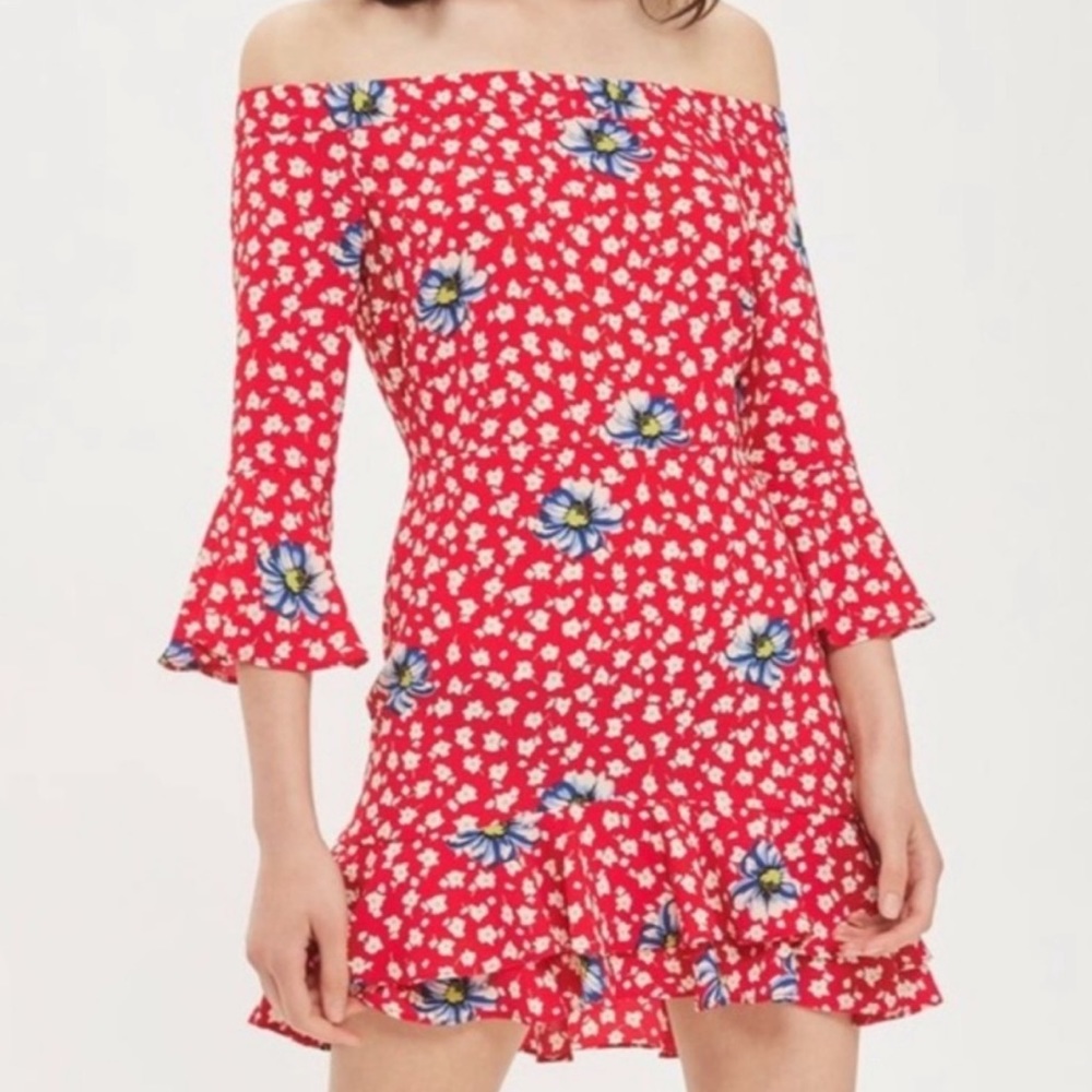Topshop Off Shoulder Floral Ruffle Dress Sz 8